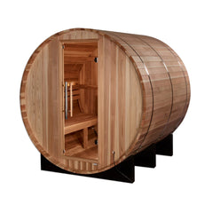 Golden Designs Arosa four-person barrel sauna with wooden interior and exterior, showcasing traditional design and compact size.