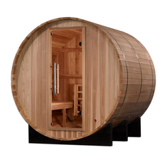 Golden Designs Arosa 4-person barrel sauna with wooden interior and traditional design, ideal for relaxing home spa sessions.