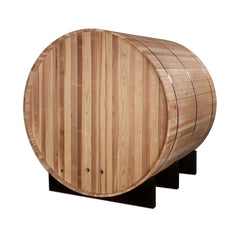 Golden Designs Arosa 4-person barrel sauna with wooden interior and glass door, showcasing traditional design and natural wood finish.