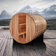 Golden Designs Klosters 6-person barrel sauna with wooden interior and exterior, traditional design, and glass door.
