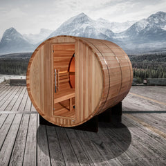 Golden Designs Zurich 4-person barrel sauna with bronze privacy view, traditional sauna design by Golden Designs Inc.