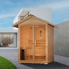 Golden Designs Arlberg 3-person traditional outdoor sauna with wooden interior and exterior, designed for relaxing outdoor wellness.