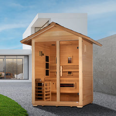 Golden Designs Carinthia 3-person outdoor sauna with traditional stove and full spectrum infrared options, featuring warm wood interior.