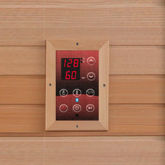 Golden Designs Inc. Elite Monaco Near Zero EMF Far Infrared Sauna control panel with digital display and multiple control buttons.