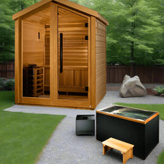 Golden Designs Savonlinna 3-person outdoor cedar sauna with Harvia electric heater, showcasing the wooden interior and sauna accessories.