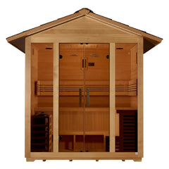 Golden Designs Vorarlberg 5-person traditional outdoor sauna with wooden exterior and glass door, designed for relaxing outdoor spa experiences.