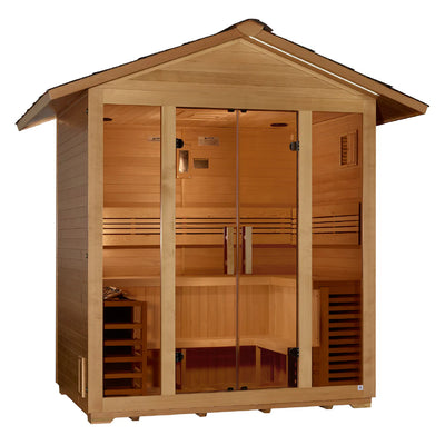 Golden Designs Vorarlberg 5-person outdoor sauna with wooden exterior and glass door, designed for traditional outdoor relaxation.