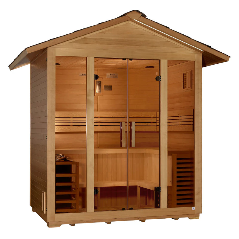 Golden Designs Vorarlberg 5-person outdoor sauna with wooden exterior and glass door, designed for traditional outdoor relaxation.