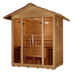Golden Designs Vorarlberg outdoor sauna for 5 persons, featuring traditional wooden design and large glass windows.