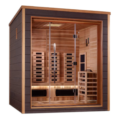 Golden Designs Visby 3-person hybrid sauna with full spectrum lighting, indoor and outdoor use, showcasing sleek wood interior design.