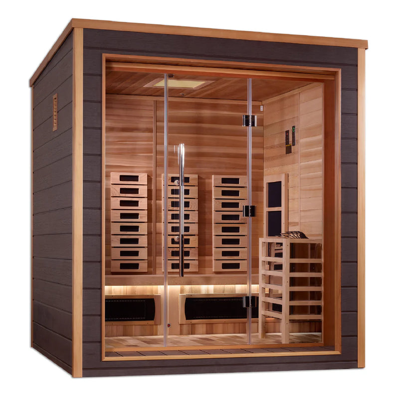 Golden Designs Visby 3-person hybrid sauna with full spectrum lighting, indoor and outdoor use, showcasing sleek wood interior design.