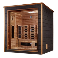 Golden Designs Visby 3-person hybrid sauna with full spectrum PureTech™ technology, designed for outdoor and indoor use.
