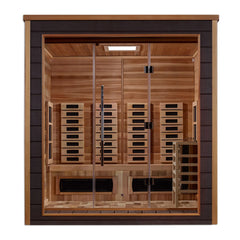 Golden Designs Visby 3-person hybrid sauna with full spectrum lighting, indoor and outdoor use, featuring sleek wood interior.