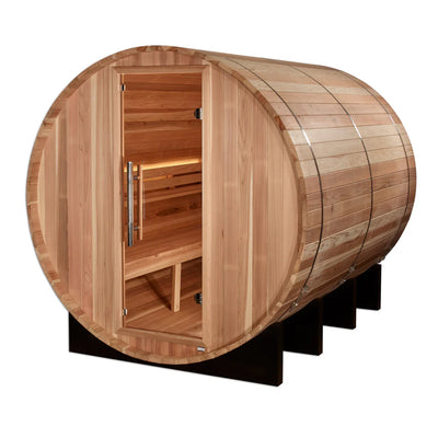 Golden Designs Klosters 6-person barrel sauna showing wooden exterior and door, traditional design by Golden Designs Inc.