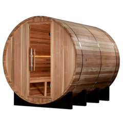 Golden Designs Klosters 6-person traditional barrel sauna with wooden interior and door, designed for home wellness and relaxation.