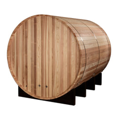 Golden Designs Klosters 6-person barrel sauna with wooden interior and glass door for traditional outdoor relaxation