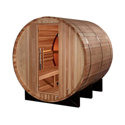 Golden Designs Zurich 4-person barrel sauna with bronze privacy view, traditional style, made for relaxing indoor sauna sessions.