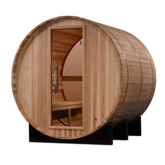 Golden Designs Zurich 4-person barrel sauna with bronze privacy view, traditional design, made by Golden Designs Inc.