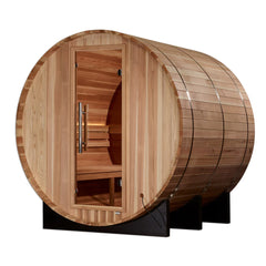 Golden Designs Zurich 4-person barrel sauna with bronze privacy view, traditional design and wooden interior.
