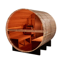 Golden Designs Zurich 4-person barrel sauna with bronze privacy view, traditional design and wooden interior.