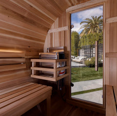 Golden Designs Zurich 4-person barrel sauna with bronze privacy view, traditional wooden interior, and compact design.
