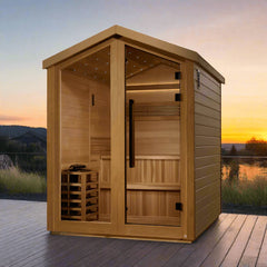 Golden Designs Kaarina 6-person outdoor cedar sauna with traditional electric heater and Harvia heater kit, featuring red cedar wood.