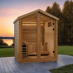 Golden Designs Savonlinna 3-person red cedar outdoor sauna with Harvia electric heater kit, featuring wooden benches and sauna door.