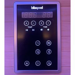 Zoppinh Blisspod Helsinki full spectrum indoor sauna for two people with wood interior and digital control panel.