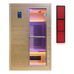 Zoppinh Blisspod Helsinki full spectrum indoor sauna for two people, featuring sleek wooden design and control panel.
