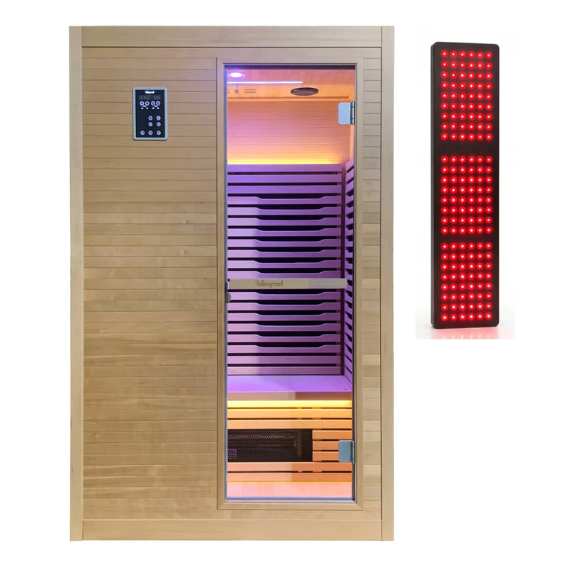Zoppinh Blisspod Helsinki full spectrum indoor sauna for two people, featuring sleek wooden design and control panel.