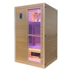 Zoppinh Blisspod Helsinki 2-person full spectrum indoor sauna with wooden interior and digital control panel.