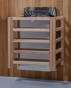Golden Designs Gargellen 5-person outdoor sauna with Harvia wall-mounted stove, featuring traditional or infrared heating options.