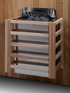 Harvia traditional stove inside the Golden Designs Inc. GDI-8330-01 Soria 3-person hybrid indoor sauna with full spectrum lighting