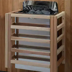 Golden Designs Savonlinna 3-person red cedar outdoor sauna with Harvia electric heater and wall stove, showcasing cozy sauna interior.