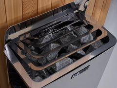 Golden Designs Drammen 3-Person Traditional Sauna with Harvia wall stove, showcasing the sauna interior and heating unit.