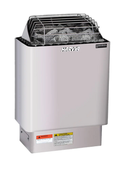 Patio Elegance Mande MW20 outdoor sauna with Harvia Kip 6.0kW heater, showcasing the transparent heater panel in a backyard setting.