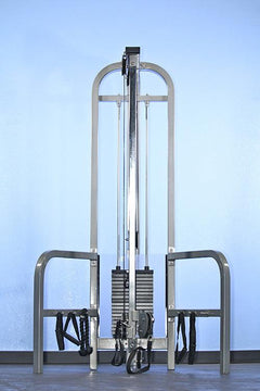 Muscle D Fitness high-low pulley combo cable machine with adjustable pulleys and weight stacks for versatile strength training.