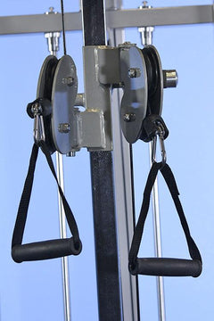 Muscle D Fitness Dual Function High-Low Pulley Combo Cable Machine with adjustable handles and weight stacks for versatile workouts.