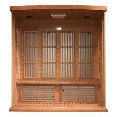 Golden Designs Maxxus 4-person low EMF FAR IR sauna with wooden interior and control panel for relaxing infrared therapy.