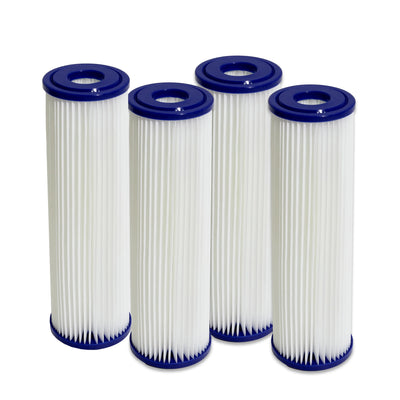 Four Golden Designs Inc. DCT 10x2.5 20 Micron Cold Plunge filters in a pack, shown in a clear, organized arrangement.