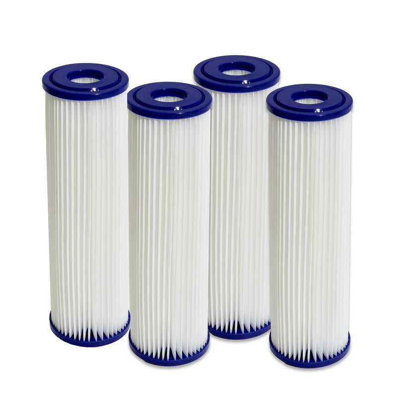 Four Golden Designs Inc. DCT 10x2.5 20 Micron Cold Plunge filters in a pack, shown in a clear, organized arrangement.