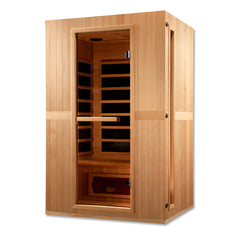 Golden Designs Maxxus Serenity dual tech 2-person low EMF far infrared sauna with glass door and wooden interior.