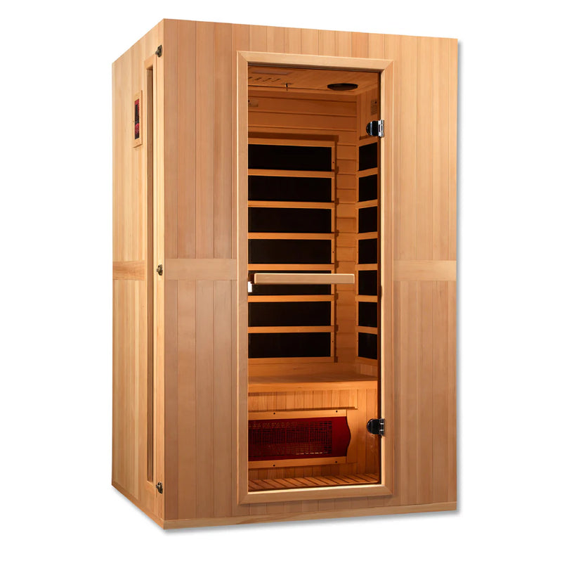 Golden Designs Maxxus Serenity dual tech 2-person low EMF far infrared sauna with glass door and wooden interior.