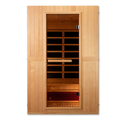 Golden Designs Maxxus Serenity dual tech 2-person low EMF FAR IR sauna with wooden interior and digital control panel.