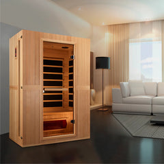 Golden Designs Maxxus Serenity dual tech 2-person low EMF FAR IR sauna with wooden interior and digital control panel.
