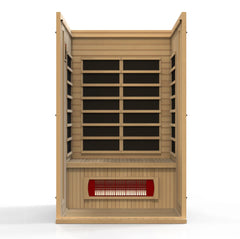 Golden Designs Maxxus Serenity dual tech 2-person low EMF FAR infrared sauna with wooden interior and control panel.