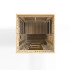 Golden Designs Serenity dual tech 2-person low EMF FAR infrared sauna with wooden interior and modern design.