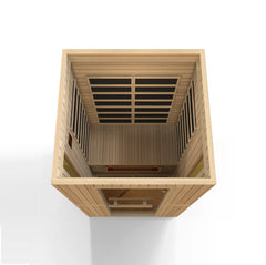 Golden Designs Maxxus Serenity dual tech 2-person low EMF FAR IR sauna with wooden interior and glass door for relaxation.