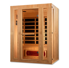 Golden Designs Maxxus Trinity dual tech 3-person low EMF far infrared sauna, shown with wooden interior and glass door.