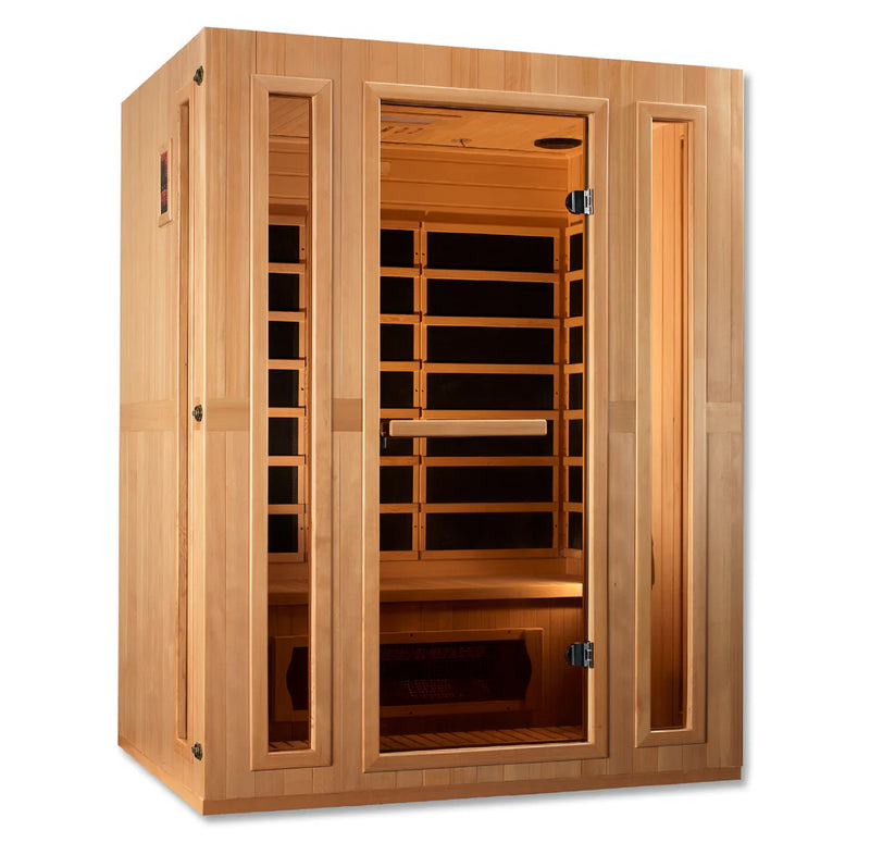 Golden Designs Maxxus Trinity dual tech 3-person low EMF far infrared sauna with wooden interior and control panel.